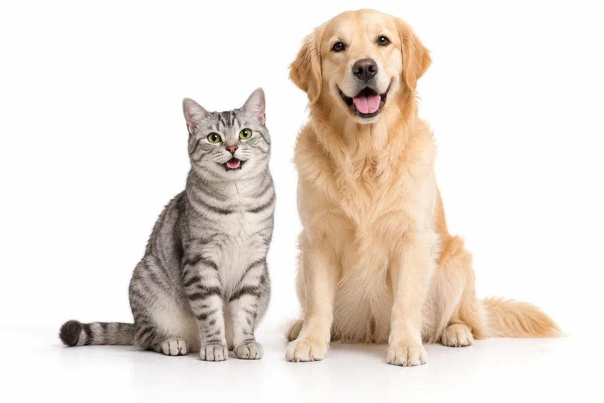A tabby cat and a golden retriever sitting side by side