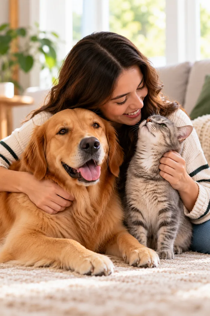 A woman relaxing with her golden retriever and cat